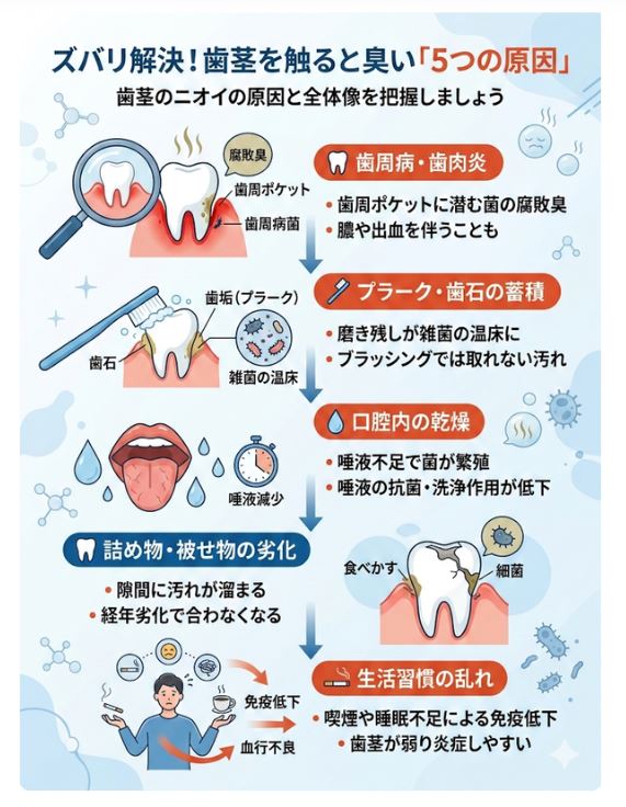 歯茎を触ると指が臭い5つの原因（歯周病・歯石・乾燥・詰め物・生活習慣）