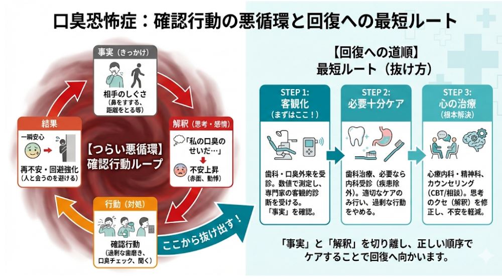 口臭恐怖症の確認行動ループと、歯科受診・必要十分なケア・心の治療の流れを示した図解