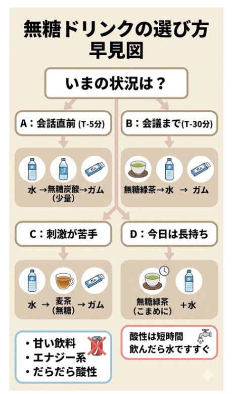 スマホで見やすい「無糖ドリンクの選び方 早見図」のインフォグラフィック。「いまの状況は?」という問いかけから、4つの状況別に最適な飲み合わせを提案。
A:会話直前(T-5分) → 水、無糖炭酸(少量)、ガム
B:会議まで(T-30分) → 無糖緑茶、水、ガム
C:刺激が苦手 → 水、麦茶(無糖)、ガム
D:今日は長持ち → 無糖緑茶(こまめに)、水
下部には、避けるべき「甘い飲料・エナジー系・だらだら酸性」のリストと、「酸性は短時間、飲んだら水ですすぐ」という注意点がアイコン付きで記載されている。