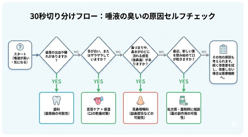 唾液の臭いの原因を「歯ぐきの腫れ」「舌の白さ」「鼻の症状」「薬の副作用」の4項目から特定する30秒セルフチェックフローチャート。