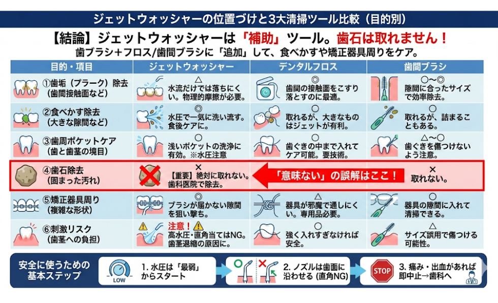 ジェットウォッシャー、デンタルフロス、歯間ブラシの清掃効果を「歯垢」「食べかす」「歯石」などの項目別で比較した表。ジェットウォッシャーは歯石除去ができないことや、矯正器具周りのケアに有効であることを解説。