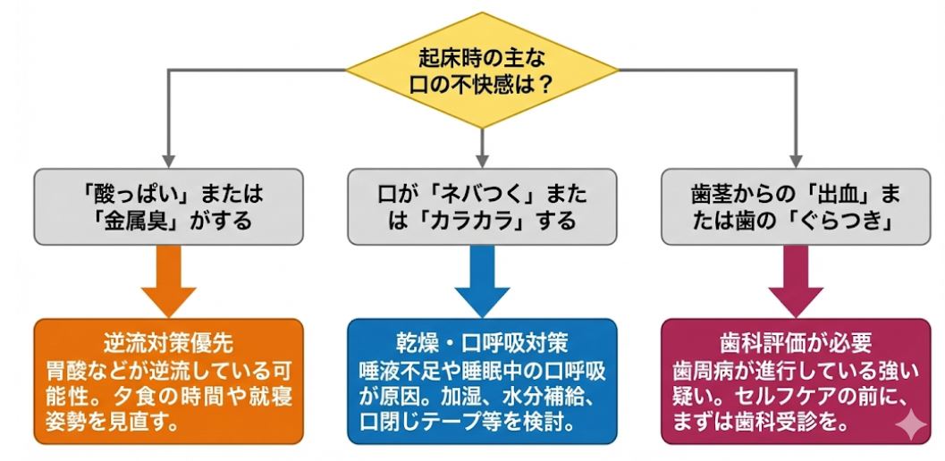 起床時の口の不快感から口臭原因を特定する診断図。「酸っぱい・金属臭」は逆流性食道炎などの逆流対策、「ネバつく・乾燥」は口呼吸や唾液不足への乾燥対策、「出血・ぐらつき」は歯周病の疑いがあるため歯科受診を推奨する、3つのルートに分かれた原因分岐フローチャート。