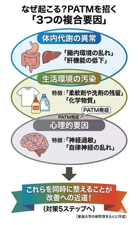 PATMの原因仮説となる3つの複合要因(体内代謝・生活環境・心理要因)