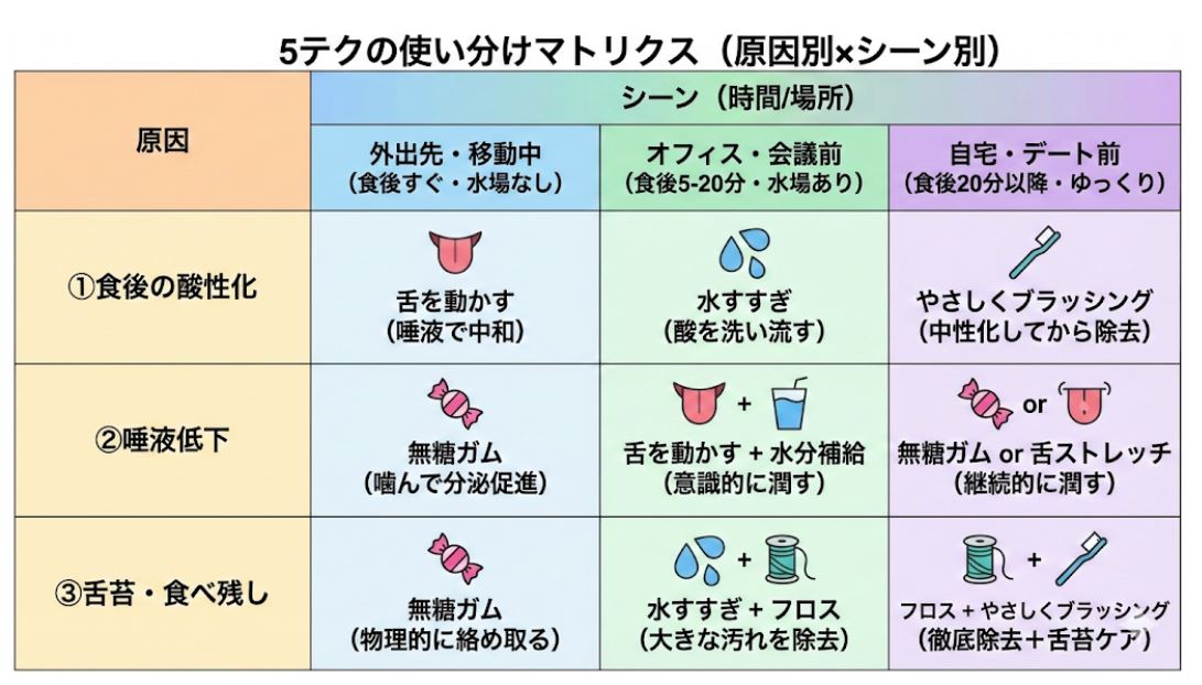 食後の口臭原因（酸性化、唾液低下、食べ残し）とシーン（外出先・食後すぐ、オフィス・食後5-20分、自宅・食後20分以降）を組み合わせた「5テクの使い分けマトリクス図」。状況に応じた最適な即効ケア方法（水すすぎ、無糖ガム、フロス、ブラッシングなど）がアイコン付きで一覧表示されています。