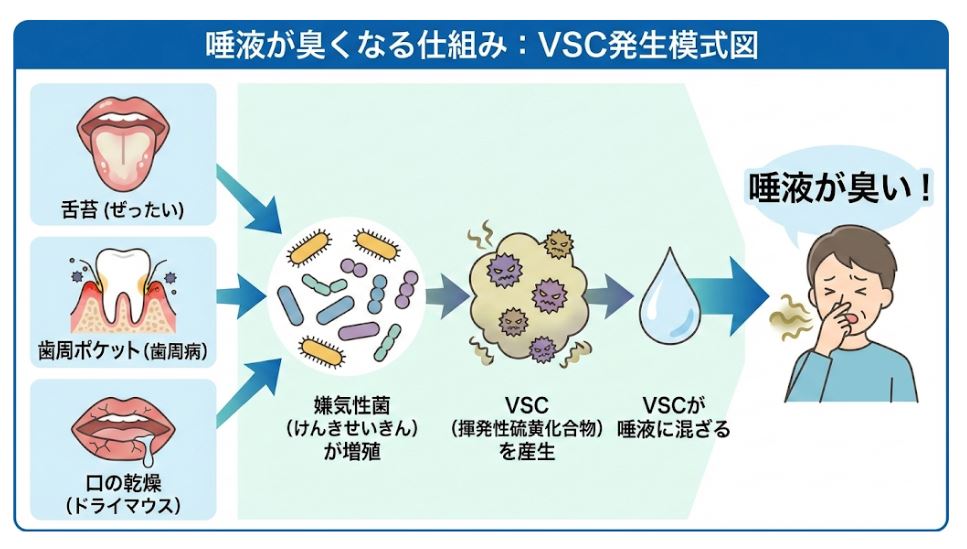 舌苔・歯周病・口の乾燥によって嫌気性菌が増殖し、臭いの元となるVSC(揮発性硫黄化合物)が唾液に混ざる仕組みの図解。