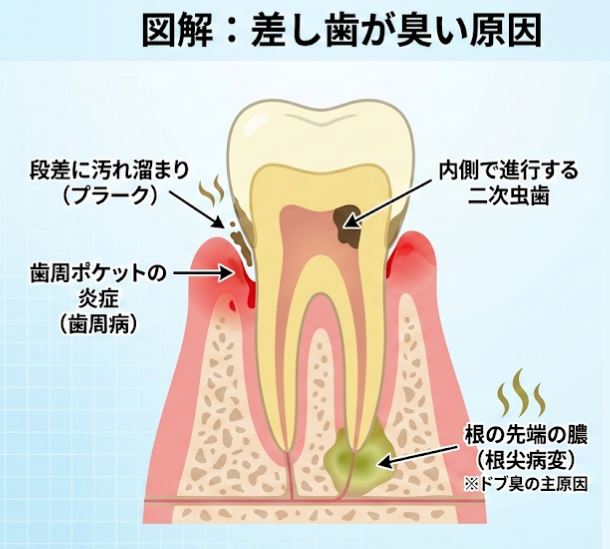 差し歯が臭い原因と受診タイミングをまとめた図解。歯の断面図では、差し歯の段差に溜まる汚れ、歯周ポケットの炎症、内部の二次虫歯、そして「ドブ臭の主原因」となる根の先端の膿を図示。