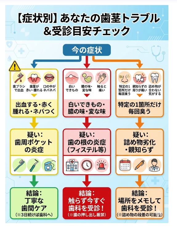 症状別：歯茎の臭いセルフチェックと歯科受診の目安フローチャート