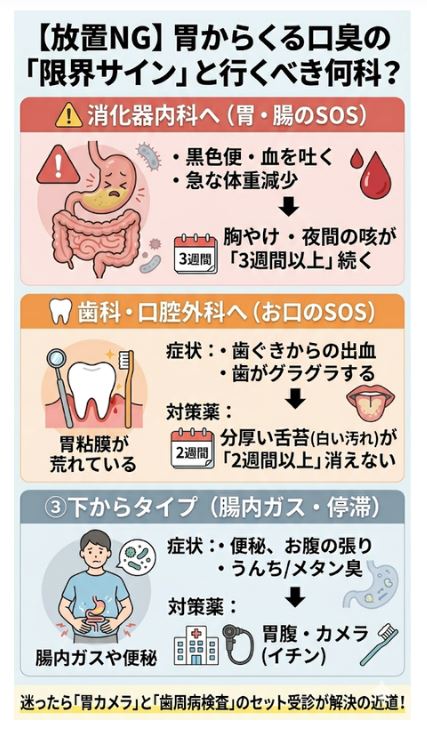 胃からくる口臭が治らない時の受診目安と行くべき診療科(消化器内科・歯科)