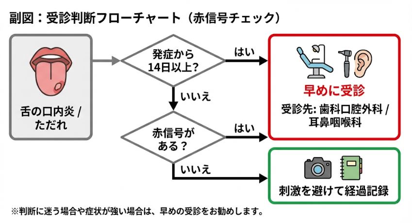舌の口内炎やただれの受診を判断するためのフローチャート。「発症から14日以上か」「赤信号（異常な症状）があるか」の2軸で、歯科口腔外科・耳鼻咽喉科への受診か、自宅での経過記録かを判定する流れ。