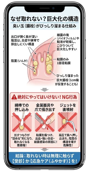 臭い玉がびっしり溜まる陰窩の構造とやってはいけないNG行為(押し込み・掻き出し)