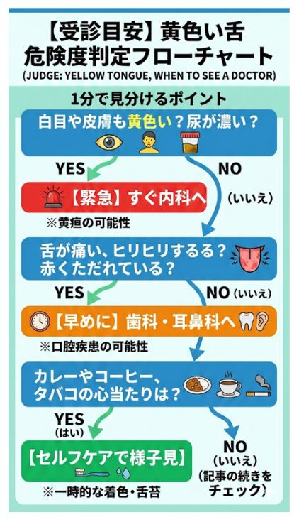 舌が黄色い時の受診目安と黄疸の見分け方フローチャート