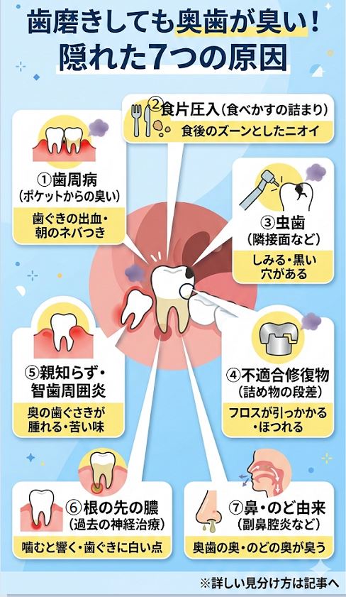 奥歯が臭い原因7つ(歯周病、食片圧入、虫歯、不適合な詰め物、親知らず、歯の根の膿、鼻・のど由来)を部位別に解説した図解イラスト
