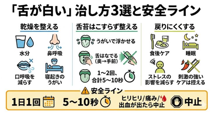 白い舌を治すための3つのケア方法（乾燥対策、正しい舌磨き、生活習慣）と、安全にケアを行うための注意点（安全ライン）の解説図解。