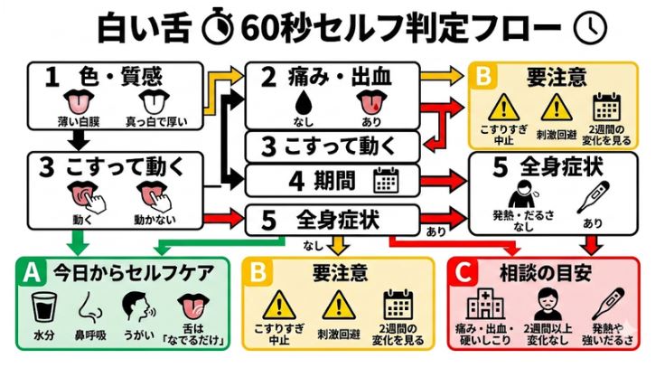 白い舌の60秒セルフ判定フローチャート。症状ごとのチェック項目と、セルフケアまたは医療機関への相談目安が一目でわかる縦型図解。