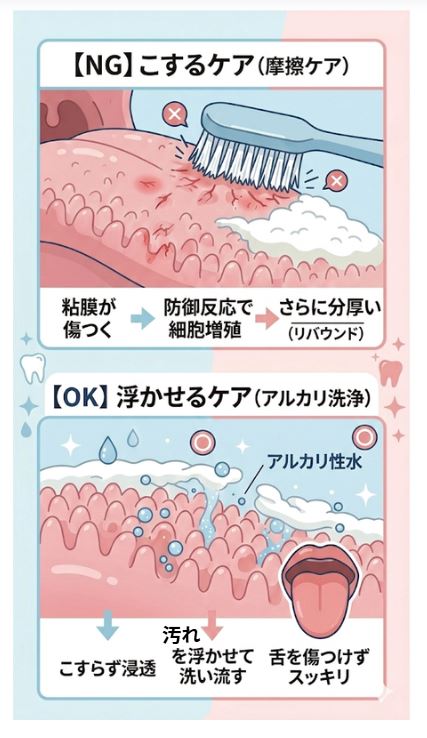 舌苔の取り方比較：舌ブラシの摩擦による悪循環とアルカリイオン水で浮かせるケアの違い