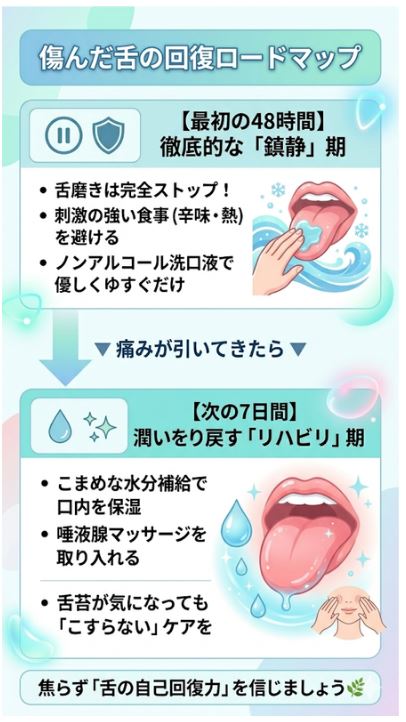 傷んだ舌を直す48時間鎮静と7日間リハビリの回復ロードマップ