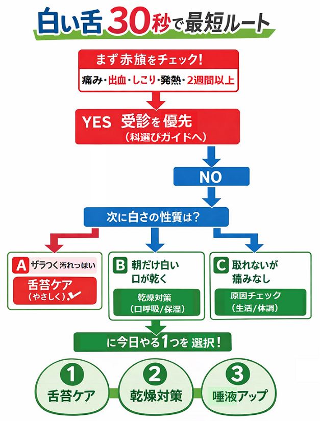白い舌の原因チェックからセルフケア3選(舌苔ケア・乾燥対策・唾液促進)と受診が必要な危険サインを30秒で判定できるフローチャート図解