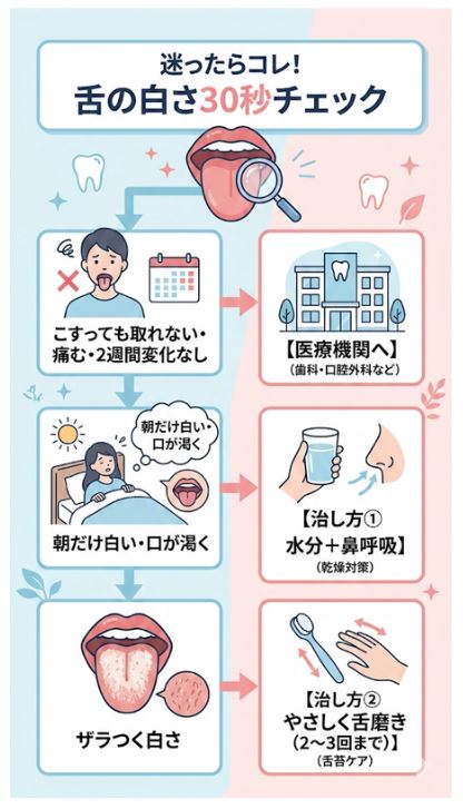 舌が白い原因と治し方・受診が必要なサインの30秒チェックフローチャート