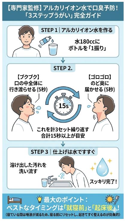 専門家推奨：口臭を防ぐアルカリイオン水を使った3ステップうがい手順