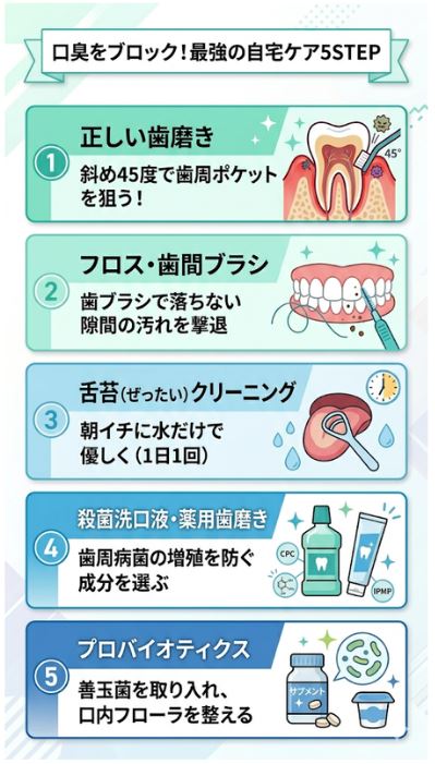 歯周病の口臭を治すための自宅ケア5ステップ（歯磨き、フロス、舌磨きなど）