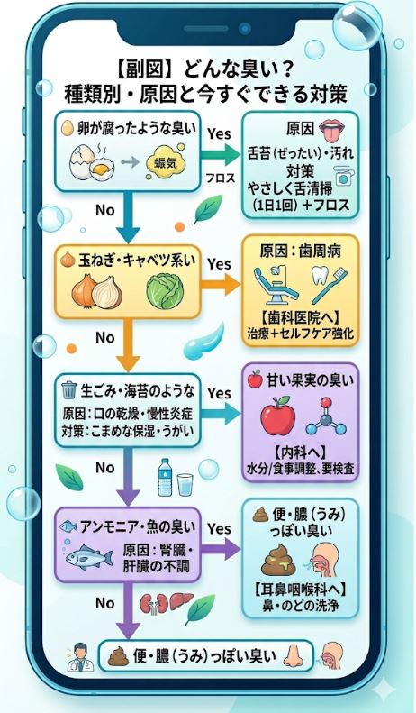 【臭いの種類別】口臭の原因とすぐできる対策・受診の目安一覧表