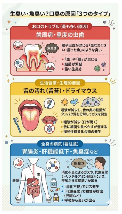 生臭い口臭の原因となる3つのタイプ（お口の病気、内臓疾患、生理的要因）