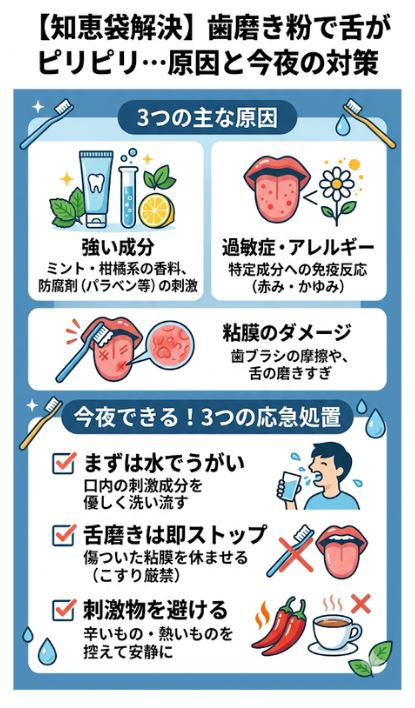 歯磨き粉で舌がピリピリする原因（香料・保存料等）と今夜できる対策まとめ