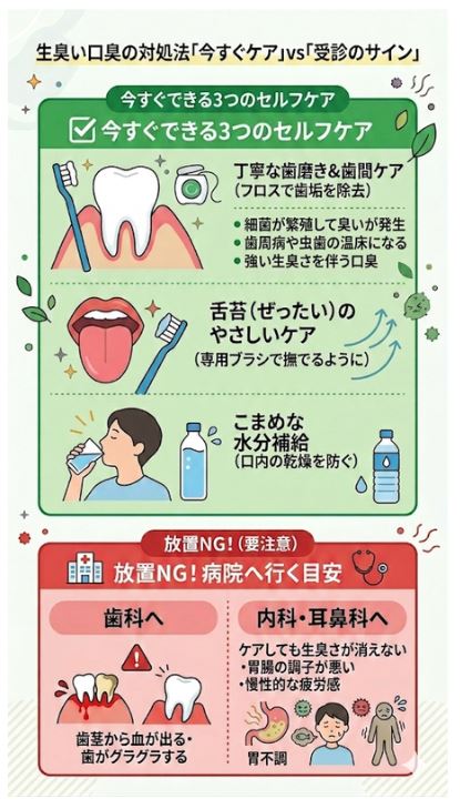 生臭い口臭の今すぐできるセルフケアと、歯科・内科を受診する目安の比較