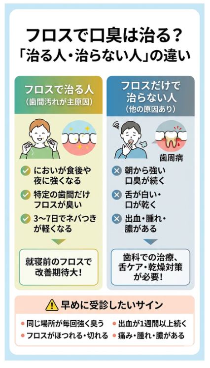 フロスで口臭が治る人と治らない人の特徴・原因の違い比較表