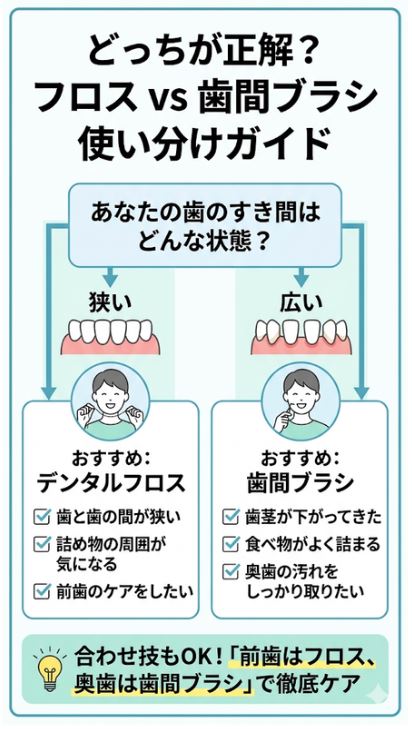 歯の隙間の広さで決まる!フロスと歯間ブラシの正しい使い分けフローチャート