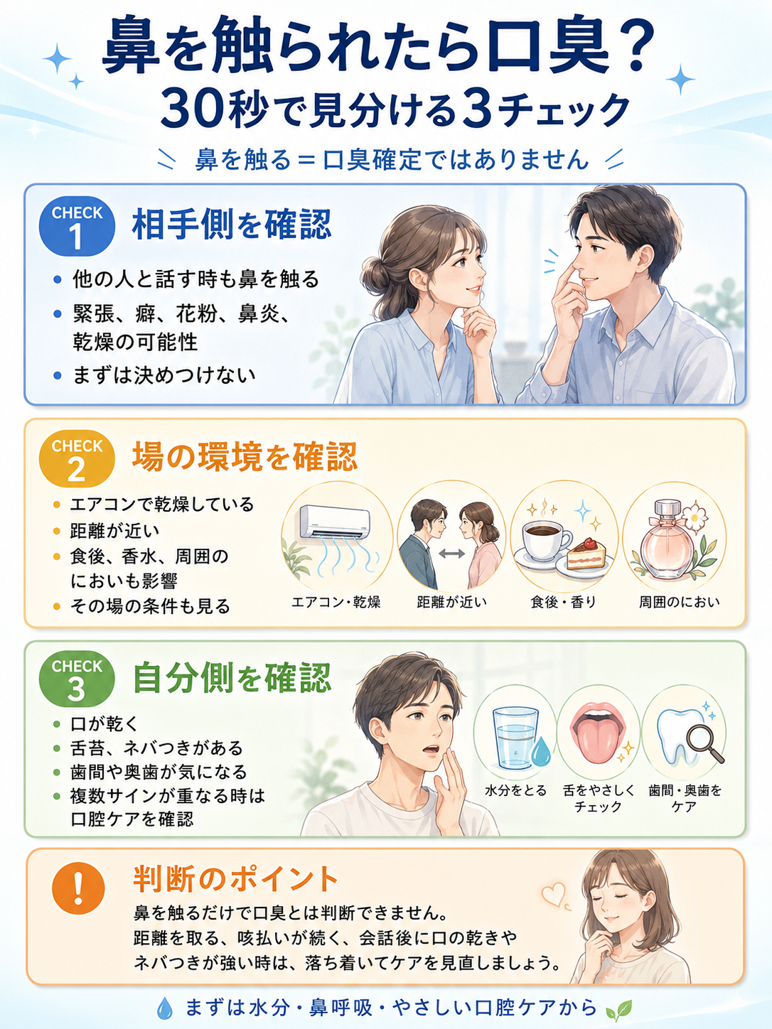 会話中に相手が鼻を触る理由を、癖・環境・口臭の可能性に分けて30秒で確認するセルフチェック図解