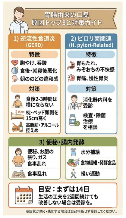 胃腸由来の口臭の3大原因である逆流性食道炎(GERD)、ピロリ菌関連、便秘・腸内発酵について、それぞれの具体的な症状の特徴と、今日からできる生活改善策（食後の横臥回避、頭側挙上、水分・食物繊維摂取、除菌相談など）をまとめた図解。生活改善を2週間続けても改善しない場合の受診基準も示しています。