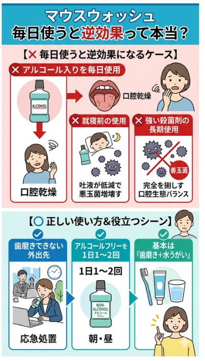 マウスウォッシュを毎日使わない方がいい理由と、正しい使い方・役立つシーンの比較表