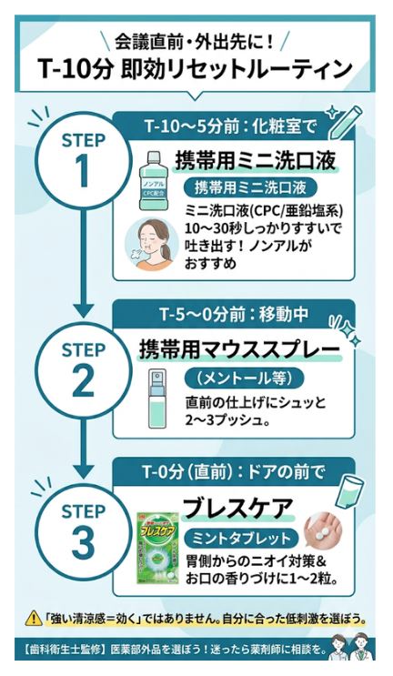 会議前10分でできる口臭リセット即効3点パック（ミニ洗口液・マウススプレー・タブレット）