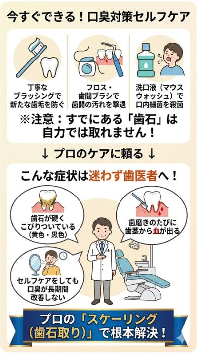 今すぐ自分でできる歯石・口臭対策のセルフケアと、歯医者へ行くべき症