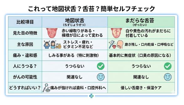 地図状舌とまだらな舌苔の見分け方と特徴比較表（うつるか・がんの可能性・受診目安）