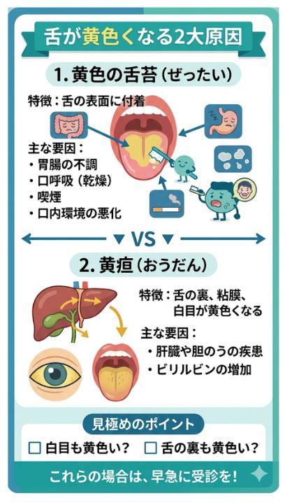 舌が黄色くなる2つの主な原因(舌苔と黄疸)の違いと見分け方の図解