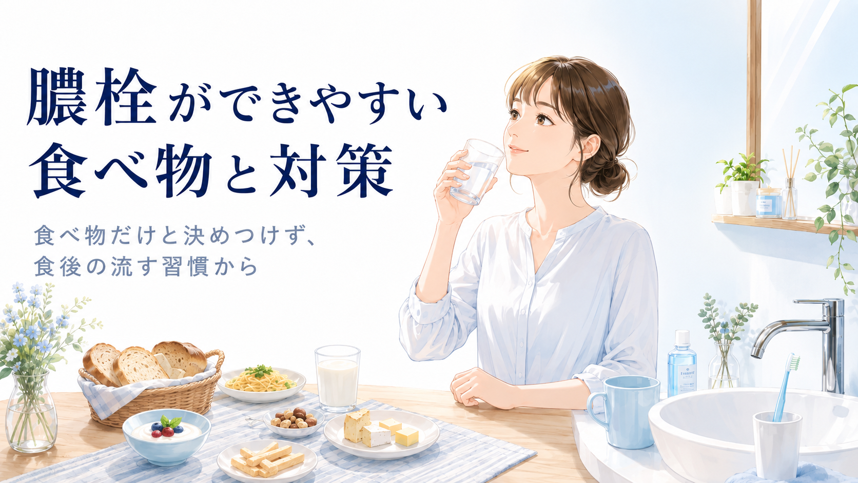 膿栓ができやすい食べ物と食後の水分・うがい習慣をやさしく伝える口臭ケアのTOP画像