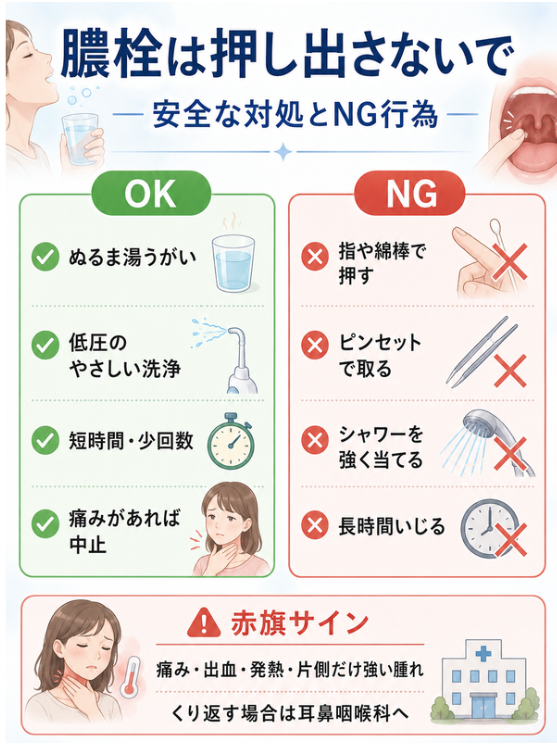膿栓を押し出さず安全に対処する方法とNG行為、受診目安をまとめたスマホ向け図解