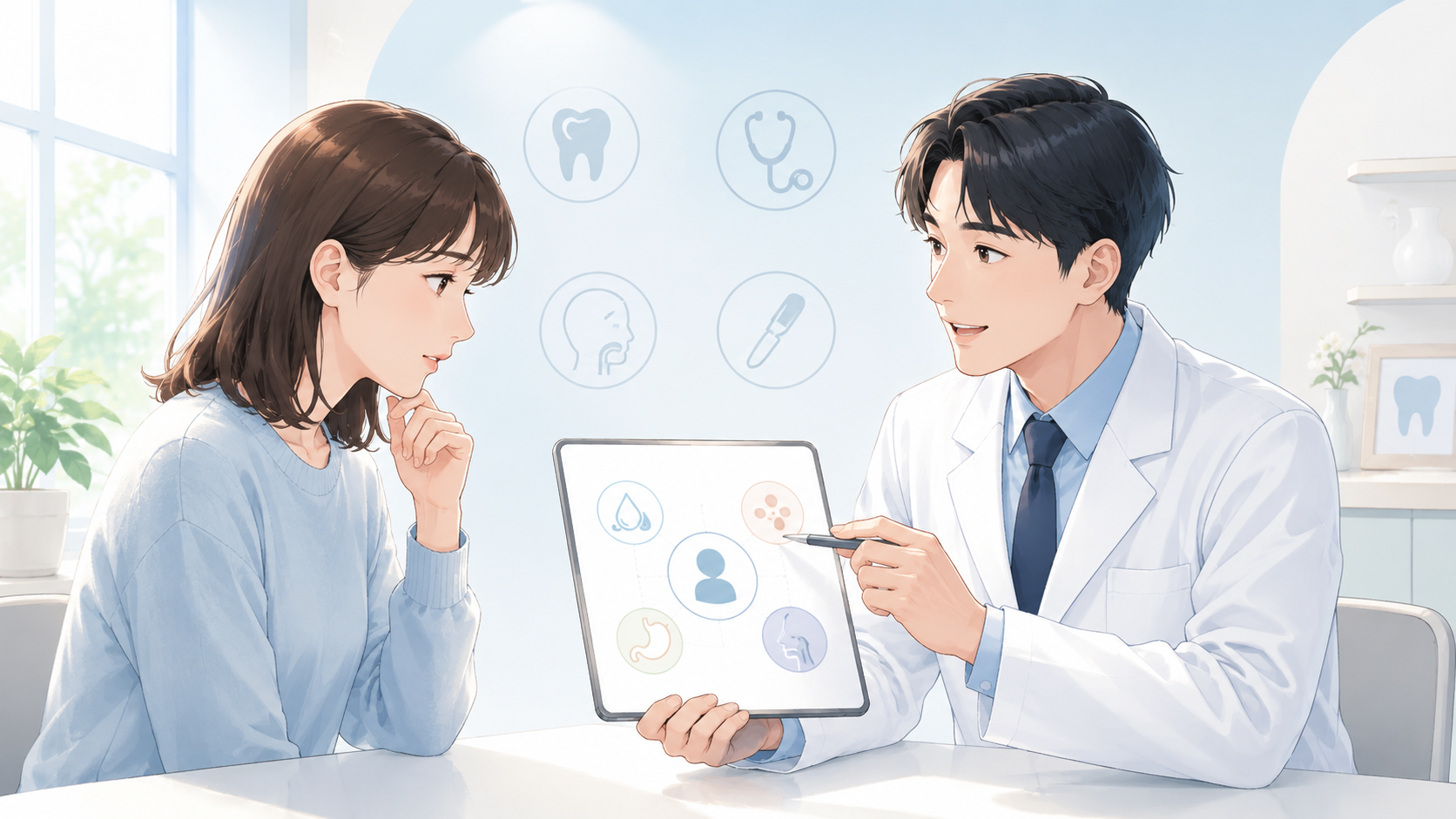 舌が白い症状について医師に相談する患者のやさしい医療イメージ
