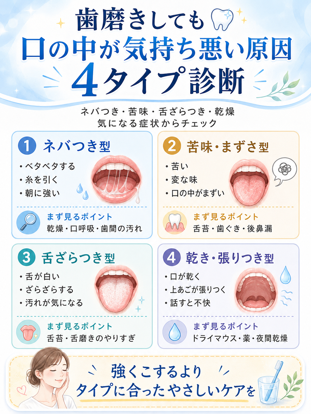 歯磨きしても口の中が気持ち悪い原因をネバつき、苦味、舌ざらつき、乾燥の4タイプで見分ける図解