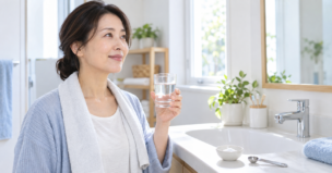 洗面所で食塩と計量スプーンを用意し、塩うがいを準備する女性