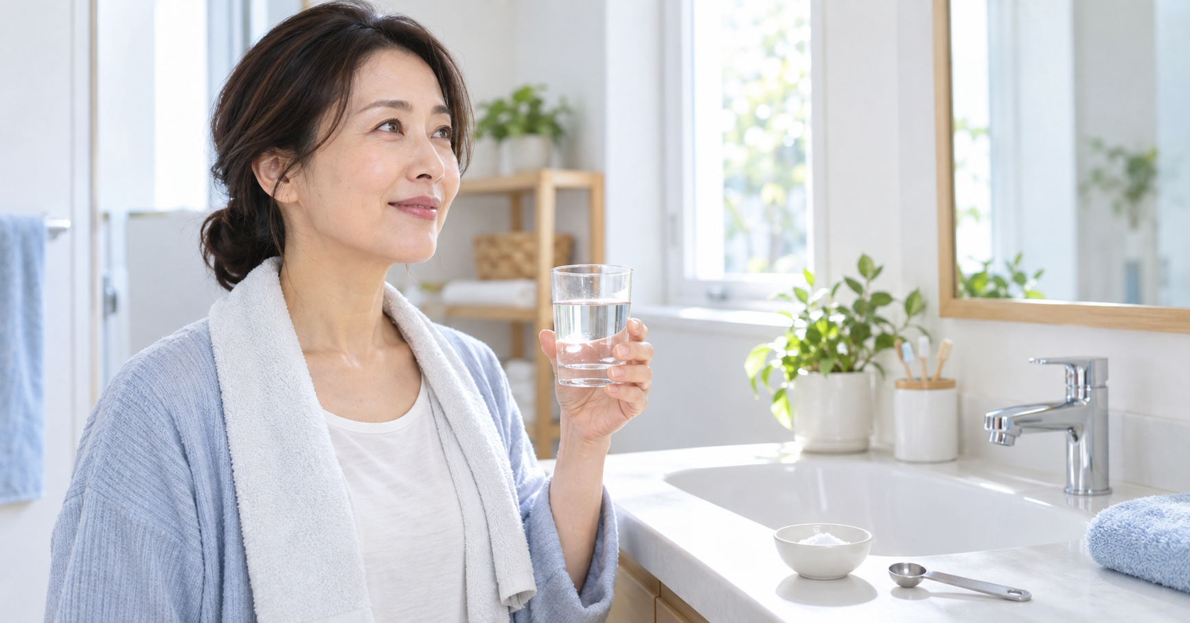 洗面所で食塩と計量スプーンを用意し、塩うがいを準備する女性